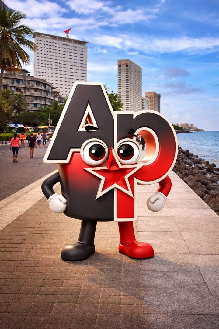 AP Production mascot: a red and black AP letter character standing on a seaside promenade